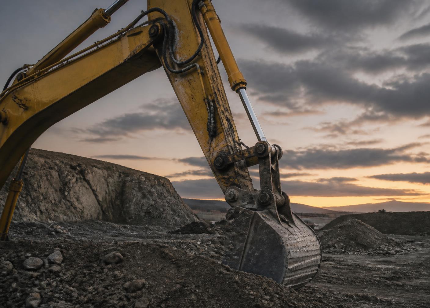 Hydraulic arm and bucket of an excavator on an active site at dusk