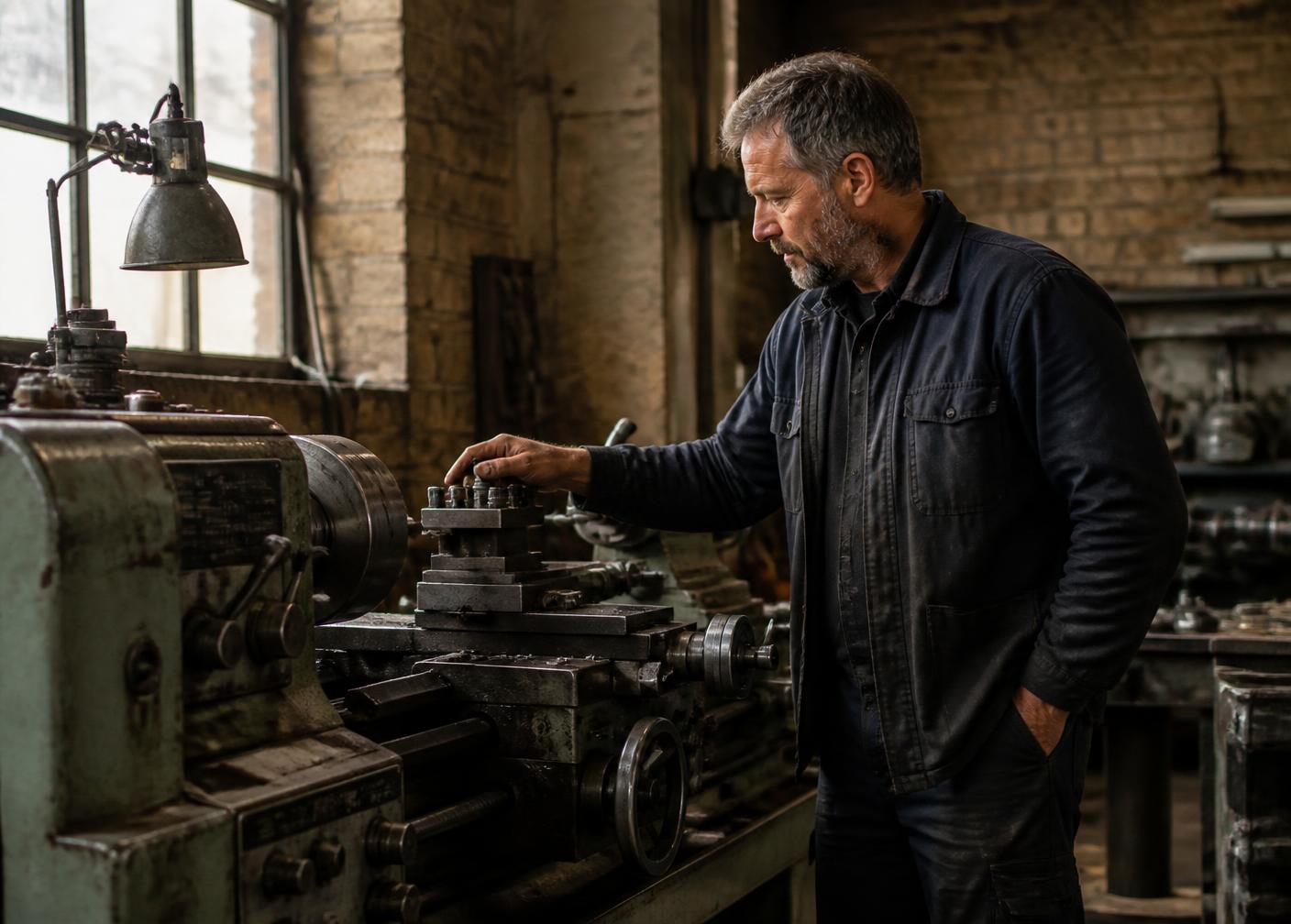 A shop owner inspecting a used metal lathe in a working machine shop